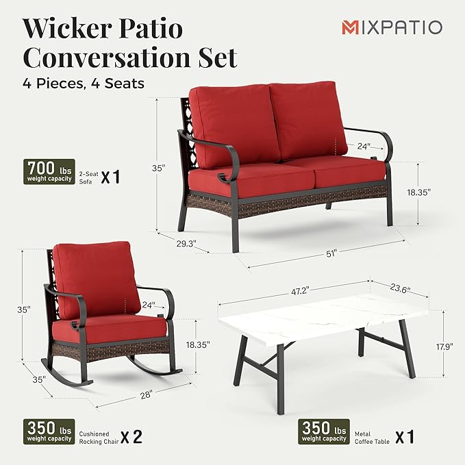 Patio Furniture Set with Fire Pit Table, 4 PCS Metal Outdoor Conversation Set with 5.75'' Extra Thick Cushion, 2 Rocking Chairs, Loveseat Sofa and Gas Fire Pit Table, Red