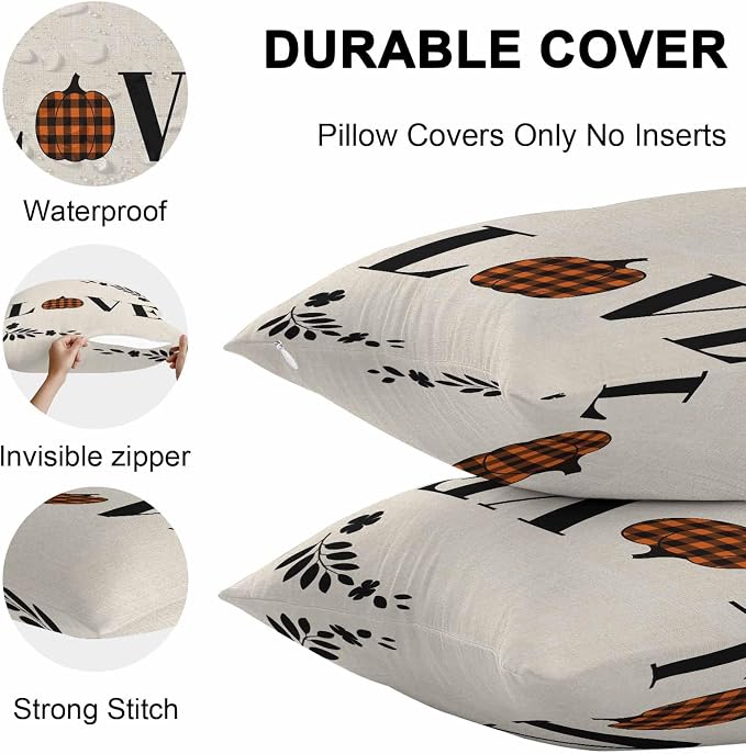 Orange Pumpkin Outdoor Waterproof Pillow Covers, Fall Leaves Love Heart Beige Pastoral Decorative Square Throw Pillowcase Sofa Cushion Sham for Patio/Couch/Chair, 26"x26" 2 Pack