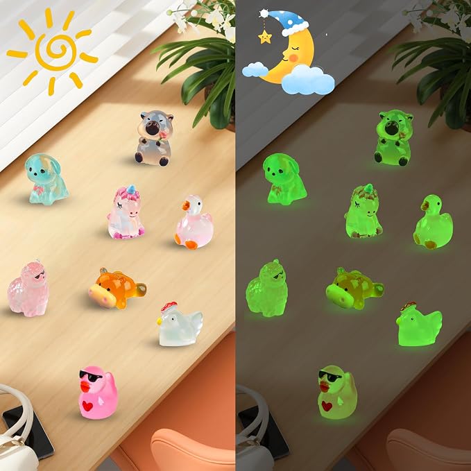 50 Pcs Glow in Dark Mini Resin Animals, Non-Repeating Assorted Styles | Waterproof, Fade-resistant, Features Rare Frog & Unicorn Styles for Mini Garden, Terrarium & Home Decor