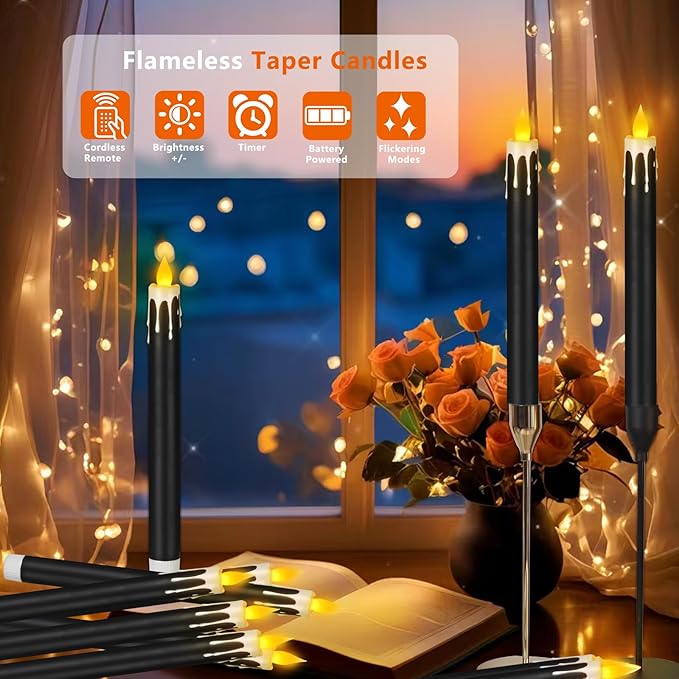 wemarry Flameless Taper Candles 10.6" Dripless Battery Operated Taper Candles Included Remote Timer 400+ Hours by 2AA Batteries for Halloween Christmas Wedding (Black+White, 24 Pack)