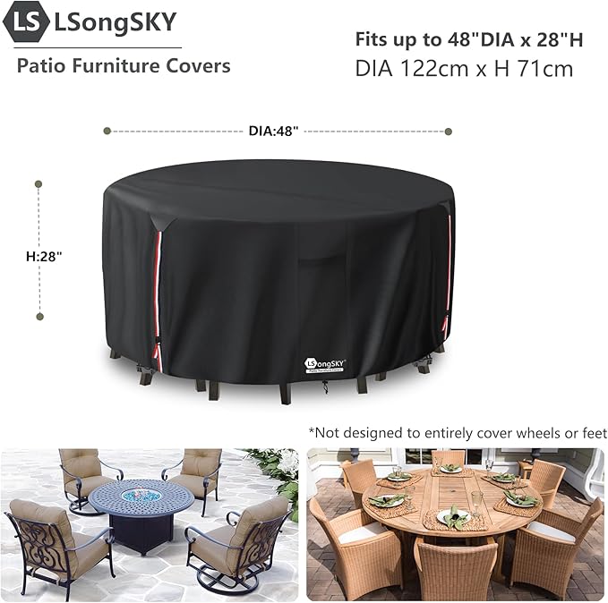 48 inch Round Patio Table Cover,600D Heavy Duty Outdoor Furniture Covers Waterproof,Round Patio Table for Patio Furniture Covers,48" Dia x 28" H Black