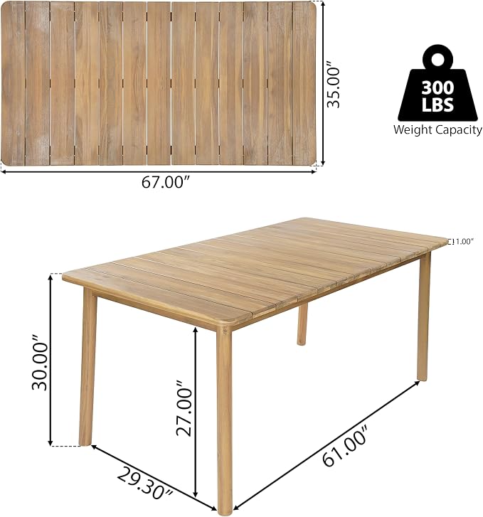 Christopher Knight Home Kegy 67" Patio Acacia Wood Dining Table with Slatted Tabletop, Outdoor Farmhouse Rectangular Dining Room Table for 6 Persons, Outdoor Dining Table for Backyard, Light Teak