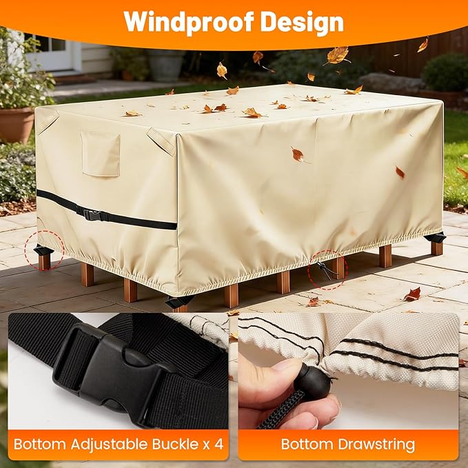 POMER Rectangular Patio Furniture Covers-Outdoor Furniture Covers Waterproof,600D Table and Chairs Cover for All-Weather Protection 76L X 48W X 32H Inch Beige