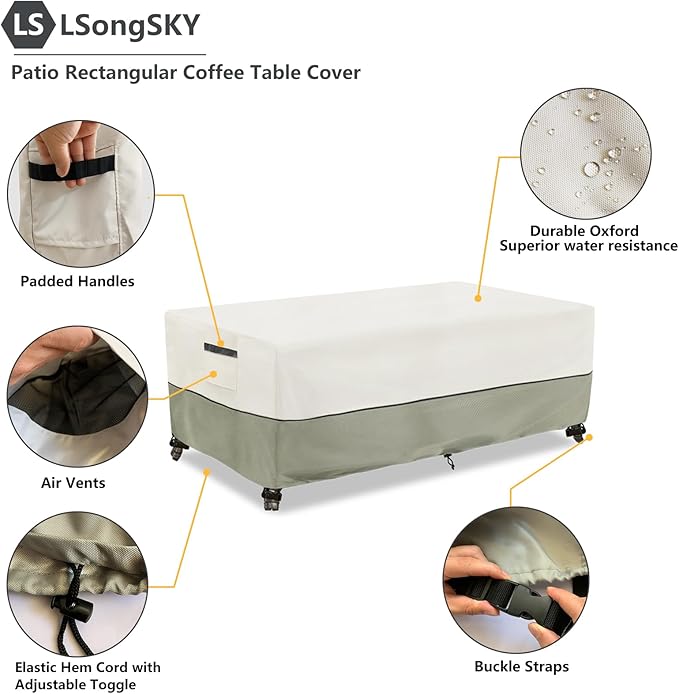 Outdoor Coffee Table Cover,Waterproof Rectangular Patio Small Side Table Cover,42 x 26 x 16 inch,Outdoor Table Covers Waterproof Rectangle,White&Grey-Green.