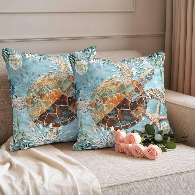 Ocean Turtle Outdoor Waterproof Throw Pillow Covers Set of 2, 16"x16", Retro Blue Nautical Starfish Sealife Decorative Pillow Covers Outside Cushion Case for Patio Porch Garden