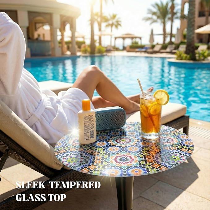 13.4" Outdoor Side Table, Round Patio Bistro Table Printed Tempered Glass Top, Waterproof Rust-Proof Base, Small Plant Stand for Balcony, Garden, Deck, 21.6" H (Morocco)