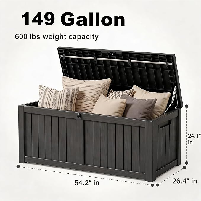 MAKINO 149 Gallon Resin Outdoor Storage Box, Waterproof Deck Box with Lockable Lid, Outside Storage Box for Patio Furniture, Pool Accessories, Garden Tools, Storage Bench for Backyard, Porch, Black