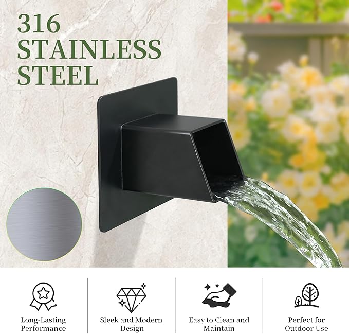 316 Stainless Steel 1.2-Inch Wall-Mounted Water Spout - Durable Outdoor Garden Square Waterfall Spillway with Integrated Spray Baffle, Modern Design for Patio, and Landscaping (Black)