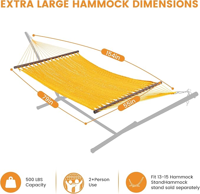 Lazy Daze Hammocks 13 FT Extra Large 2+ Person Caribbean Rope Hammock, Hand Woven Polyester XL Hammock with Spreader Bars, for Outside Outdoor Backyard Patio Poolside, 500 LBS Capacity, Yellow