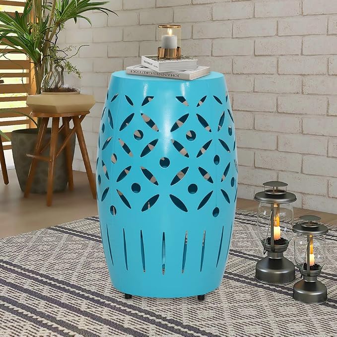ABBLE Round Patio Outdoor Indoor Lace Cut Steel Side Table, Patio Garden Table, Coffee End Table Nightstand for Small Spaces,Living Room,Front Porch,Poolside, Teal