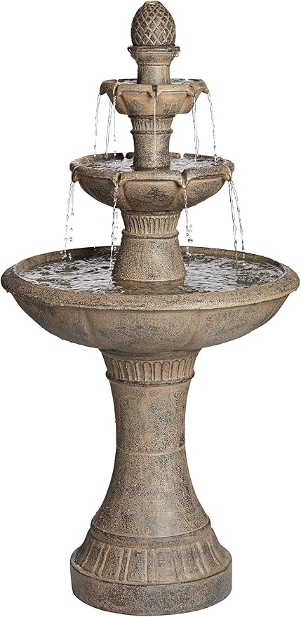 Louvre 44" High Large Italian Outdoor Decor Gray Faux Stone Floor Fountain with Light LED Waterfall 3-Tier Standing Basin Water Feature for Outside Garden Patio Yard Backyard Porch - John Timberland