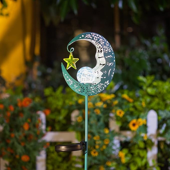 Hapjoy Outdoor Solar Lights Garden Decor for Patio,Lawn or Pathway Moon Decorations Crackle Glass Globe Stake Metal Lights Waterproof Warm LED Garden Gifts (Blue)