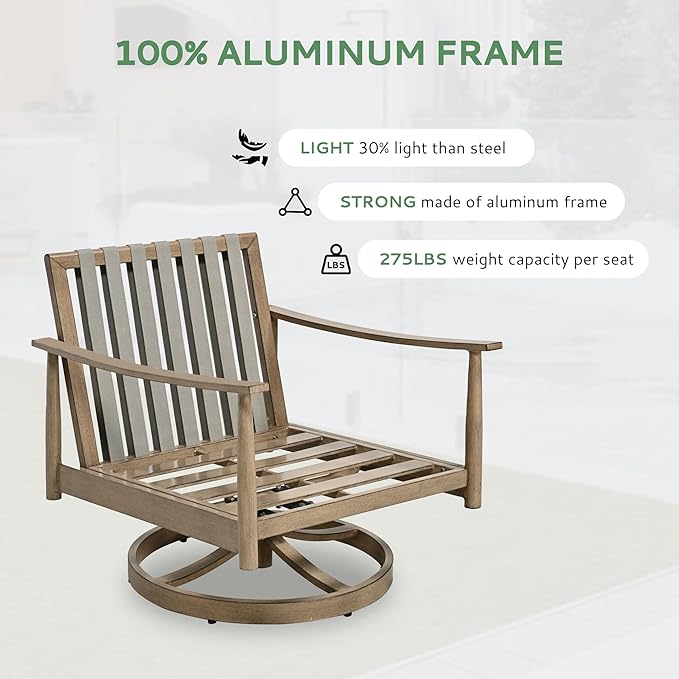 6 Pieces Aluminum Outdoor Patio Furniture Sets with Coffee Table, Cushioned Loveseat and Swivel Chairs with Ottoman, All Weather Conversation Set for Yard Proch Deck, Blue & Brown