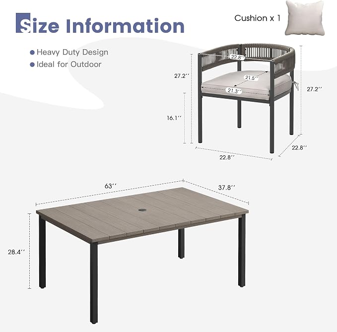 VICLLAX Patio Dining Set, 63" Grey Table & 6 Chairs with Wheat Cushion | Outdoor Table and Chairs Set of Rectangular Metal Patio Table, Outdoor Dining Chairs with Metal Frame, Garden Deck Porch