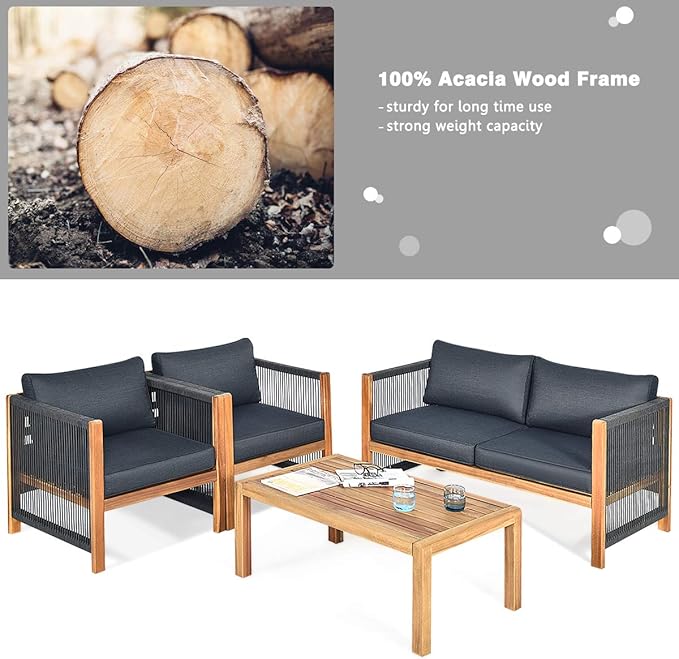 Tangkula Outdoor Wood Furniture Set, Acacia Frame Loveseat Sofa, 2 Single Chairs and Coffee Table, 4 Pieces Conversation Set with Cushions, Garden Balcony Poolside Living (1, Grey)