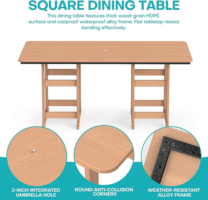 5-Piece Dining Set, HDPE Table & 4 Chairs,Cedar | HDPE Dining Set: 69.1" Table + 4 Chairs, 380 lbs, 304 Stainless, All-Weather, No Rust No Crack, Outdoor Patio Garden