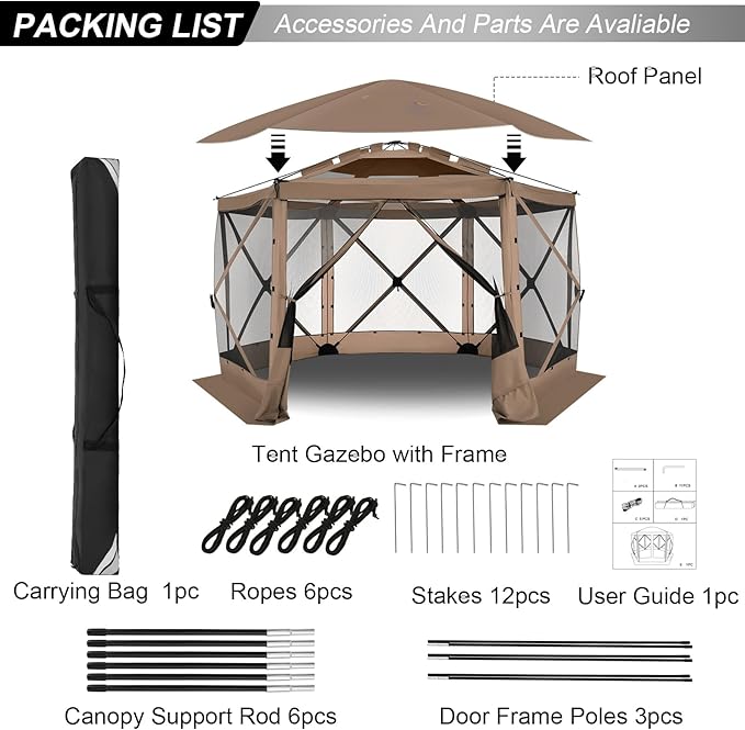 COBIZI 12x12 FT Pop Up Canopy Stargazing Tent, Gazebos On Clearance with Removable Roof, Screened in Gazebo, Screen Tents Portable carpas para Patio for Outdoor Camping,Backyard, Garden, Brown(Pro)