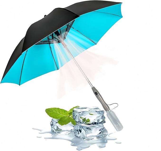 Umbrella with Fan & Mist Spray - Rechargeable UV Protective Cooling Umbrella for Patio, Beach, Travel | Portable Misting System & Detachable Water Bottle Included
