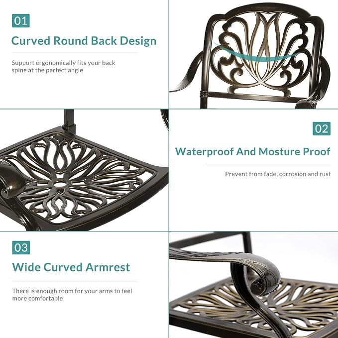 MEETWARM 2 Piece Patio Dining Chairs, Outdoor All-Weather Cast Aluminum Chairs, Patio Bistro Dining Chair Set of 2 for Garden Deck Backyard, Dark Bronze