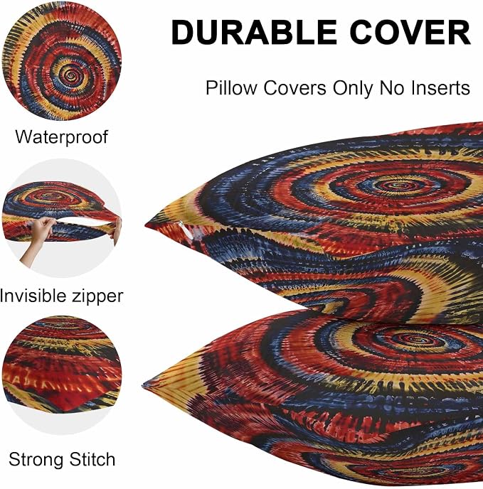 Vandarllin Outdoor Throw Pillows Covers 16x16 inch Set of 2 Waterproof Yellow Black Tie-Dye Art Decorative Zippered Cushion Covers for Patio Furniture, Abstract Boho Tribe Lumbar Pillowcases