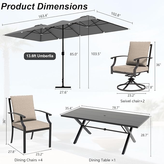 8 Pieces Patio Dining Set,Metal Outdoor Furniture Set Includes 13.6FT Grey Umbrella,Hole Cut-Out 78.7" x 35.4" Table and 6 Metal Backrest Chairs for Backyard,Garden,Brown
