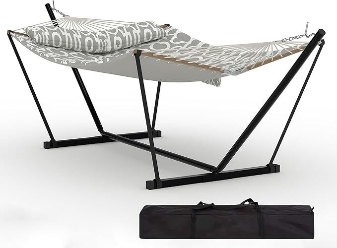 2 Person Outdoor Hammock with Stand, 450LBS Capacity, Heavy Duty Hammock with Carrying Bag & Soft Pillow, Portable Indoor Outdoor Hammock, Perfect for Backyard Patio Beach