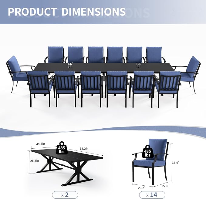 Kullavik 16 Pieces Outdoor Dining Set,Patio Dining Table and Chairs Set for 14,Fence Pattern Back Chairs with Thickened Cushions & X-Frame Metal Dining Table with Umbrella Hole for Patio,Navy Blue