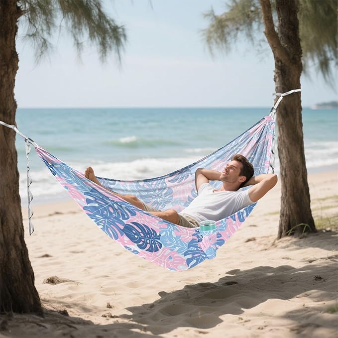 Camping Hammock Outdoor Hammocks for Outside Blue Pink Monstera Leaves Beach Trees Portable Lightweight with Pockets Tree Straps Indoor