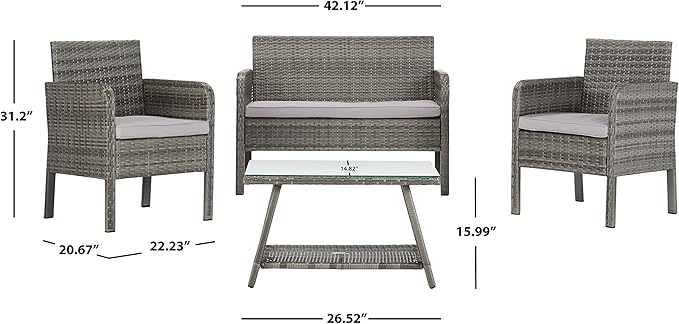 SAFAVIEH PAT7505B Collection Aboka Grey 4-Piece Outdoor Living Patio Set