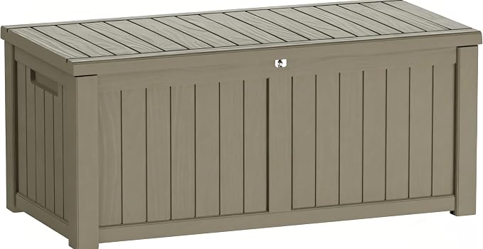 Outdoor Storage Box 155GAL Waterproof Resin Deck Box,Pool Accessories Supplies，UV-Resistant Lockable Package Delivery Bin for Garden Tools,Large Patio Outside Cushions,Chest,Furniture,Grey