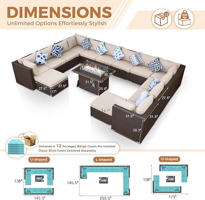 BULEXYARD 15 Piece Highback Wicker Patio Furniture Sets with Firepit, All-Weather Heavy Duty Outdoor Conversation Set Modular, Extra Deep Wide 14-Seats Sectional Couch Sofa for Backyard, Brown & Teal