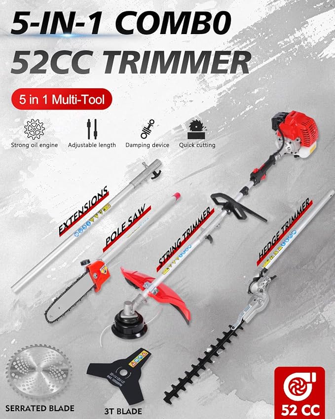 5-in-1 Gas Weed Wacker 52CC 2-Stroke – String Trimmer/Edger, Pole Saw, Hedge Trimmer & Brush Cutter with Extension Pole – Gas Powered Yard Tool for Landscaping (GT5110)