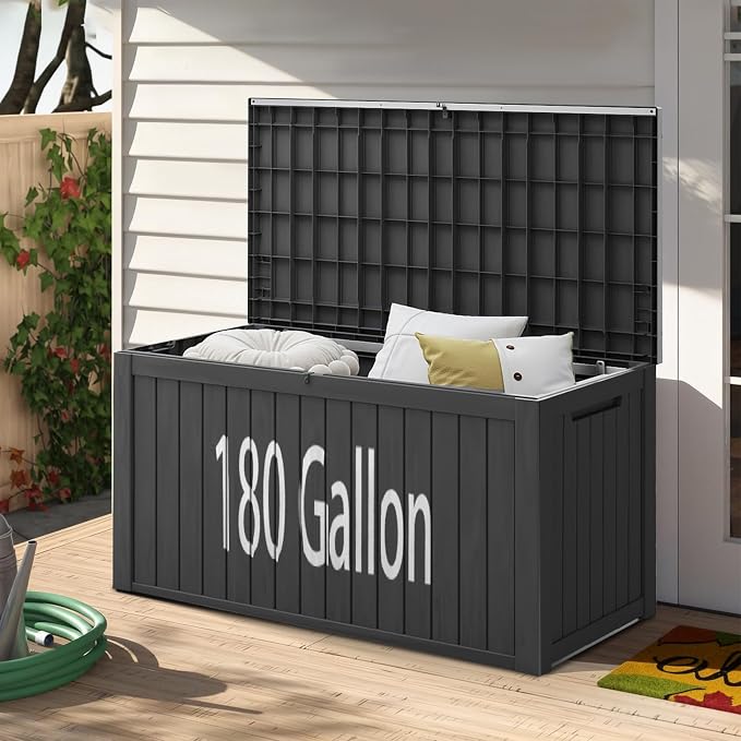180 Gallon Waterproof Resin Outdoor Storage Box, Lockable & UV Resistant | Patio Deck Boxes, Outside Storage for Patio Cushions, Pool Toys, Garden Tools & Package Delivery, Black