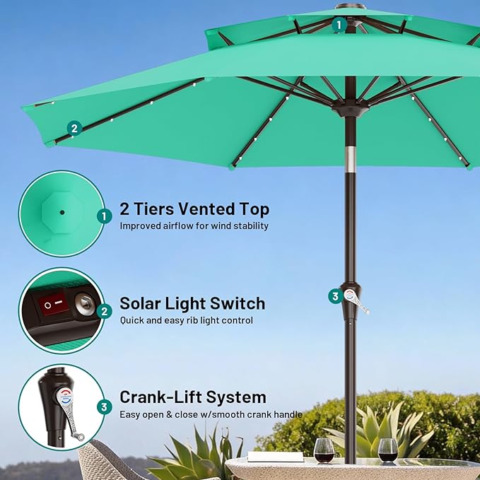 AreShark 9ft 2 Tiers Patio Umbrella with Solar Lights, Outdoor Umbrella w/ 32 LED Lights&8 Sturdy Ribs, Table Umbrella for Deck, Backyard, Pool(Turquoise)