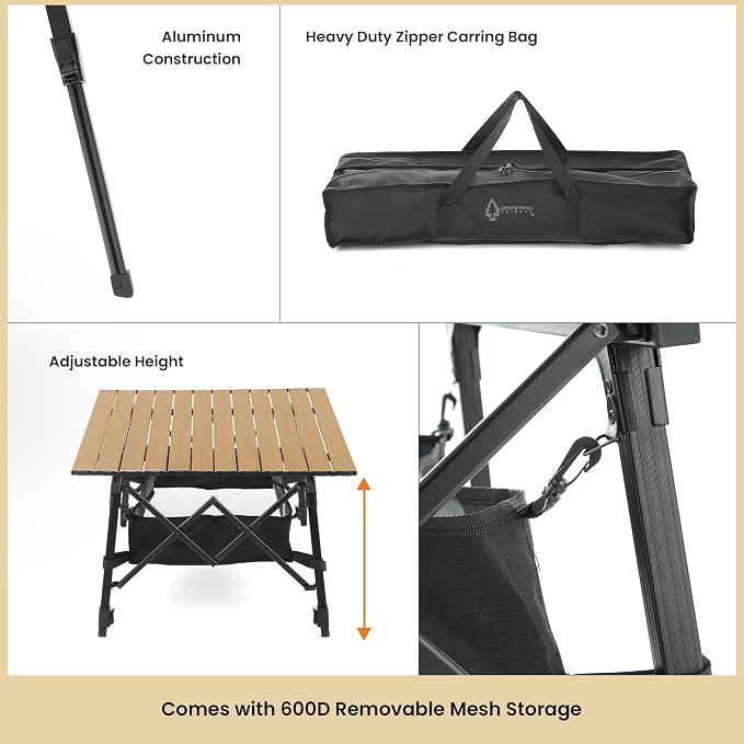 ARROWHEAD OUTDOOR 2-Pack 39" Aluminum Folding Camp Roll Up Table w/Adjustable Height, Undertable Mesh Storage, Carry Bag