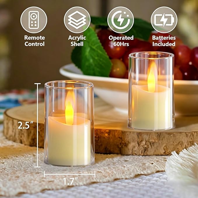 Rechargeable Acrylic Flameless LED Tea Lights with Timer, Flickering Warm Glow Votive Candles, Remote Battery Operated Set for Holiday & Daily Table Decor (Set of 6, Amber)