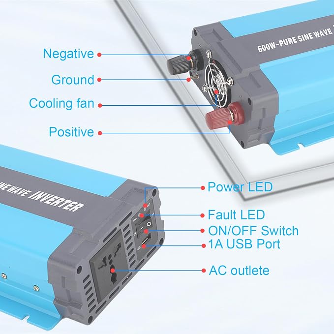 24V Pure Sine Wave Power Inverter 600W DC 24V to AC 120V with AC Outlets, 5V/1A USB Port for RV Car Emergency etc.