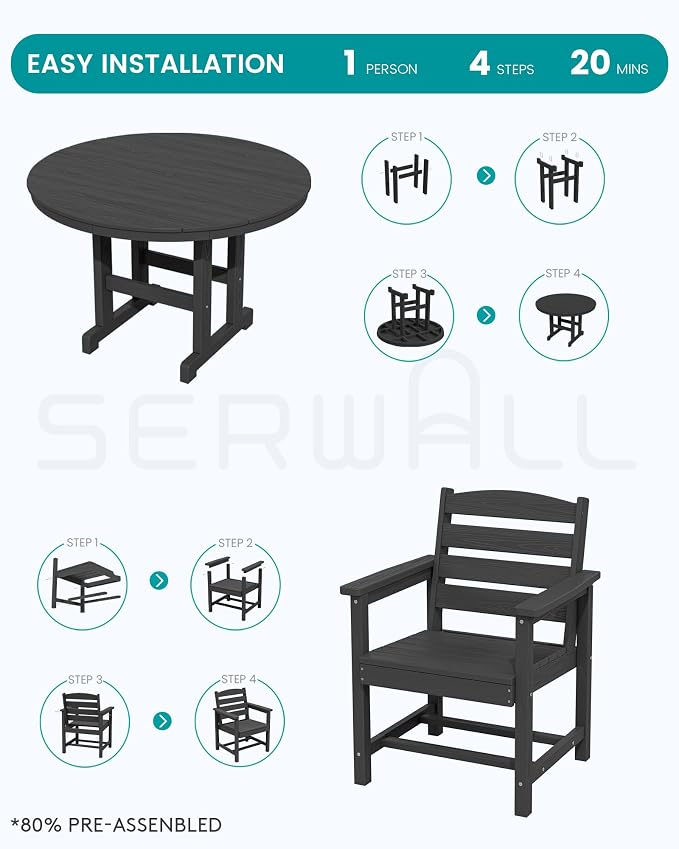 SERWALL Outdoor Round Dining Sets with Umbrella, HDPE Patio Table and Chairs Furniture Set, 45" Round Dining Table & 4 Dining Chairs & 1 9FT Umbrella, Black(Not Include Umbrella Base)