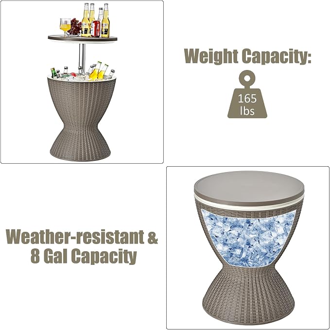 COSTWAY Outdoor Cool Bar Table, 8 Gallon Beer and Wine Cooler, Height Adjustable Rattan Style Cocktail Patio Bar Tables, 3-in-1 Ice Cooler with Drainage Plug for Deck, Pool, Party, Beach (Coffee)
