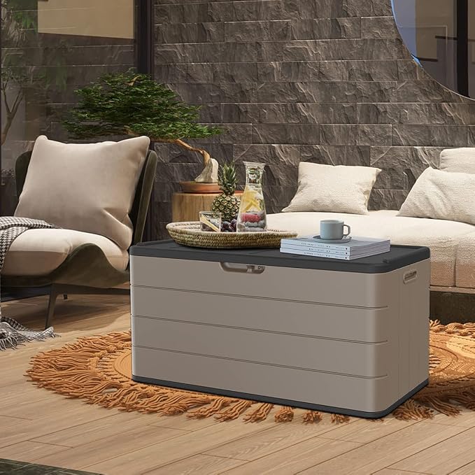 Mrosaa Resin Deck Storage Box, 85 Gallon Outdoor Storage Box Waterproof for Garden Storage,Patio and Backyard, Lockable Brown Color