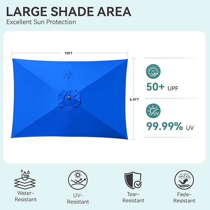 HASLE OUTFITTERS Rectangular Patio Umbrella, 6.5 x 10 ft Rectangle Table Umbrellas w/Heavy Duty Ribs, Effortless Crank and Push Button Tilt, Wind Resistant Sun Umbrella for Outdoor Patio, Blue