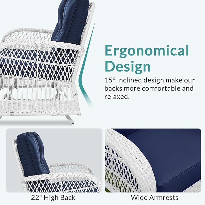 MEETWARM Outdoor Wicker Patio Glider Set, Loveseat for 2 Person Porch Furniture Glider with Glass-Top Coffee Table, Patio Glider Rocking Bench with Thickened Cushions, White Wicker/Navy