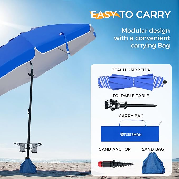 HOMEDEMO 8FT Large Beach Umbrella with Weight Bag & Sand Anchor, Outdoor Umbrellas with Adjustable Aluminum Pole and Table, Heavy Duty Windproof & UPF 50+