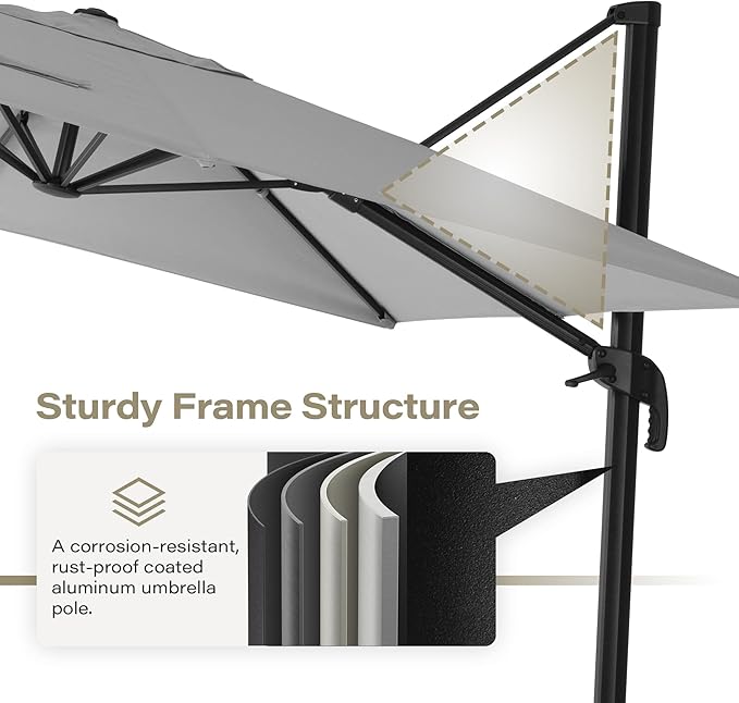 LAUSAINT HOME 9 FT Patio Umbrella, Outdoor Large Cantilever Windproof Patio Offset Umbrella with 360° Rotation for Backyard, Pool, Lawn, Deck (Square, Gray)