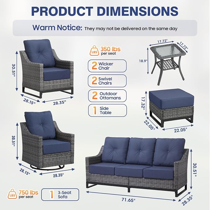8 Piece Patio Furniture Set, 360°Swivel Glider Patio Chairs Set of 2, Outdoor 2 Wicker Chairs, 2 Ottomans, Sofa ,Side Table All-Weather Wicker Patio Set With 6 Inch Thick Cushions For Balcony Garden