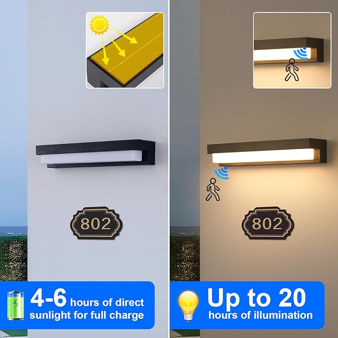 Boajuna Outdoor Solar Wall lamp, Dusk to Dawn Motion Sensor Lantern with 3 Lighting Modes, Wireless Exterior Solar Porch Lights Wall Mount Patio Fence Outdoor Light Fixture