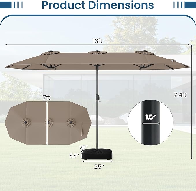 Tangkula 13FT Double-Sided Solar Patio Umbrella, Extra-Large Outdoor Twin Umbrella with 36 LED Lights, Vented Top, Crank Handle, 12 Ribs, Weighted Base Included for Backyard Poolside Deck (Tan)