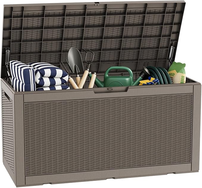 AmaVins Storage Box, 100 Gallon Rattan Pattern Deck Box with Anti-Pinch Hydraulic Rod, Indoor Use, Waterproof Resin, Package/Patio Cushions/Gardening Tools, Lockable, UV Resistant, Light Coffee