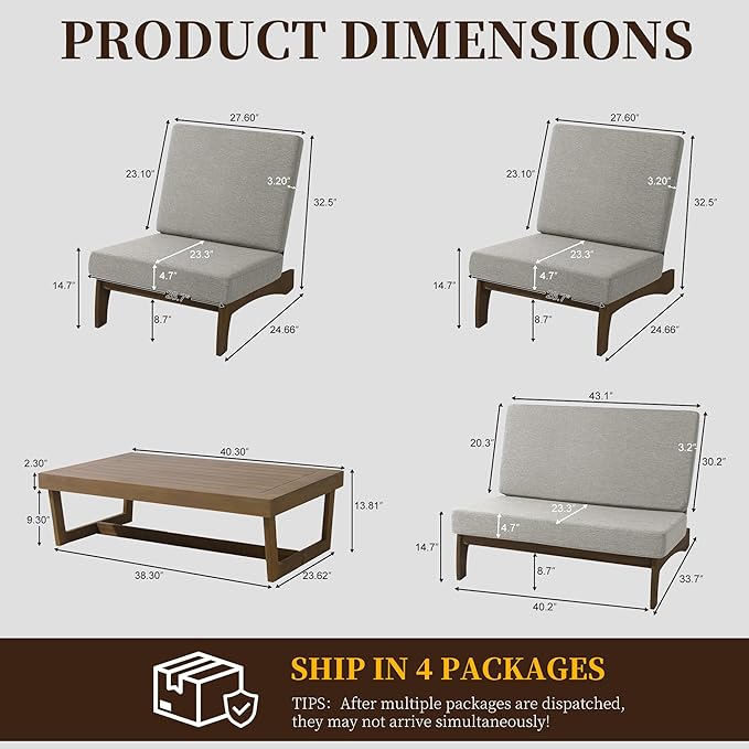 UIXE Wood Patio Furniture Sets, 2 Pieces All Weather Patio Loveseat Outdoor Sofa with Solid Wooden Coffee Table - Light Camel