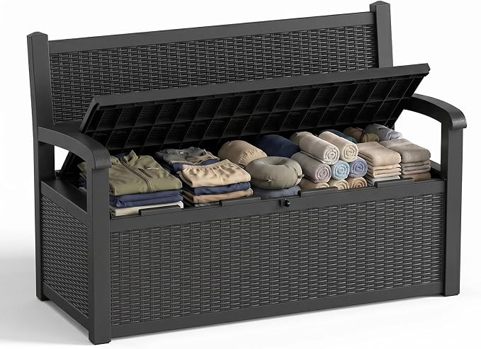 80 Gallon Outdoor Storage Bench Waterproof Resin Lockable UV Resistant Deck Box Benches Furniture Outside Porch Patio Pool Garden Tool Cushion Black